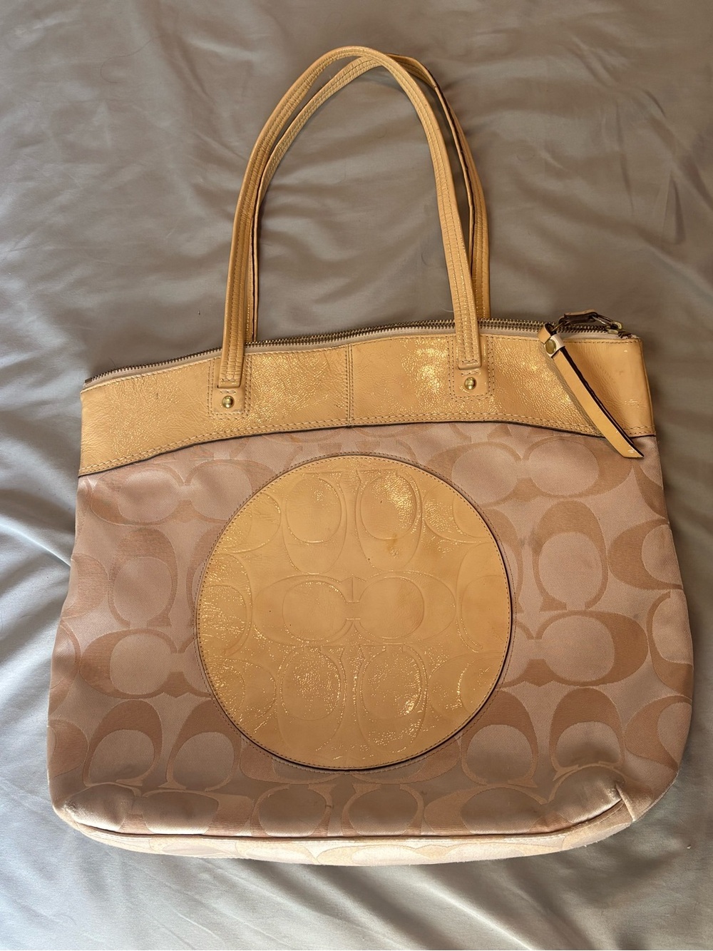 Coach Tan and Beige Signature Circle Tote